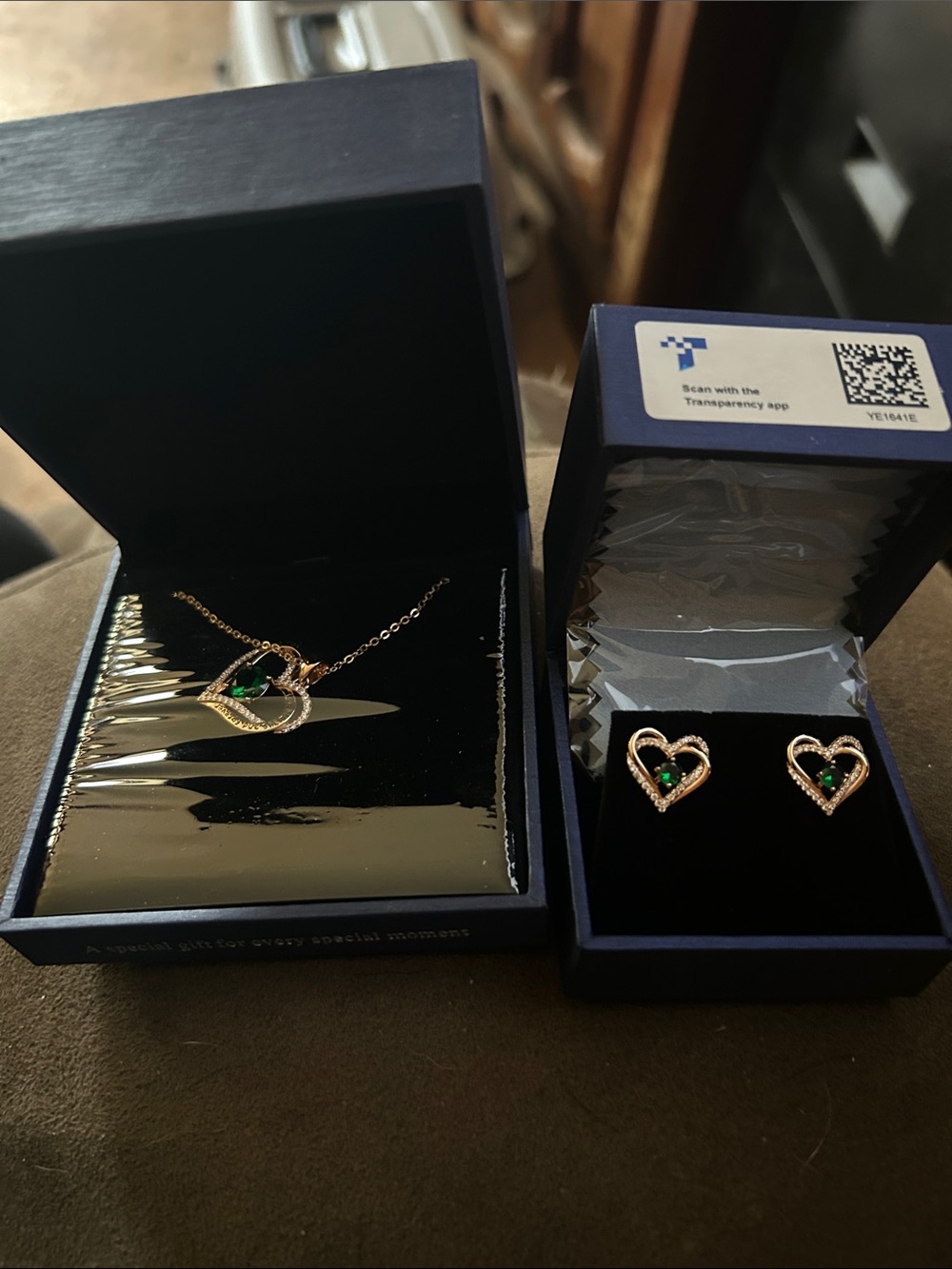 Gold Heart Necklace and Stud Earrings Set with Green Gemstones